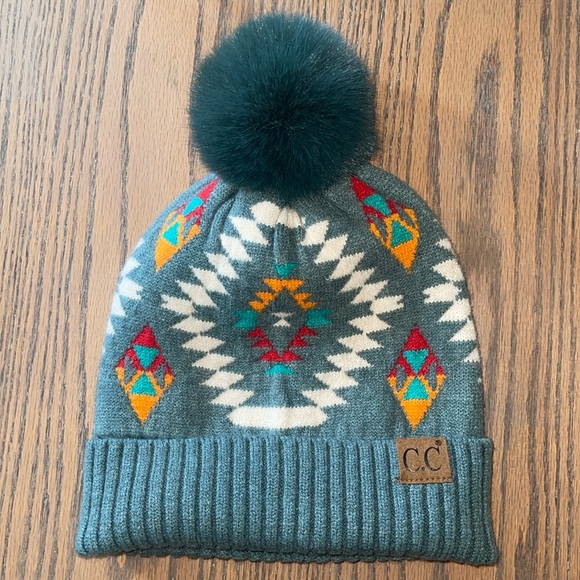 C.C Beanie Accessories - CC Teal Aztec Print Pom Beanie GUC